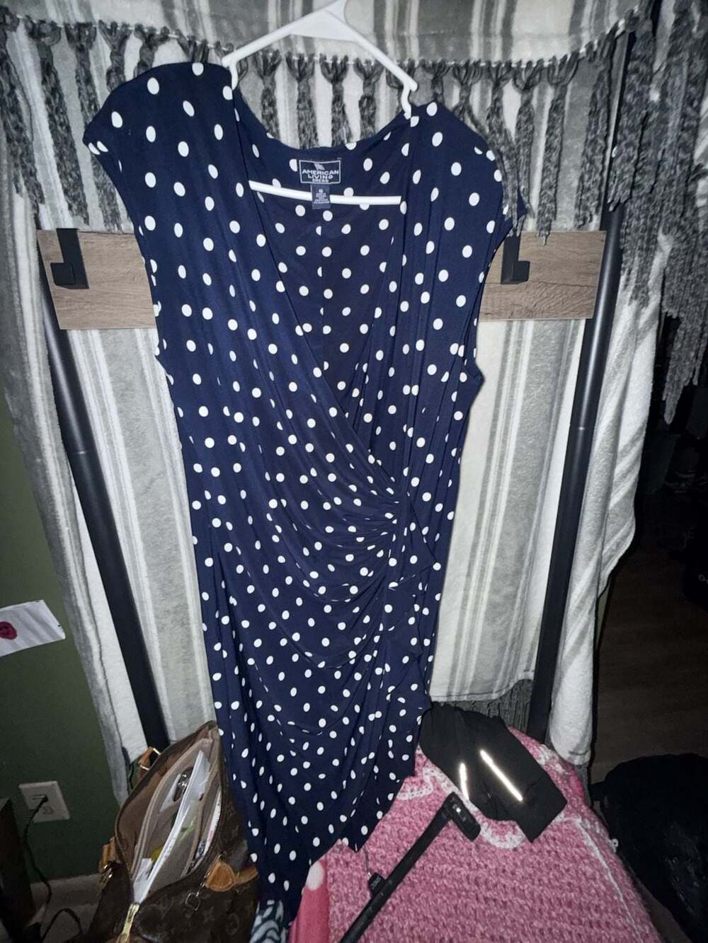 American Living Polka Dot Dress Size 16 Blue White Cap Sleeve Ruched